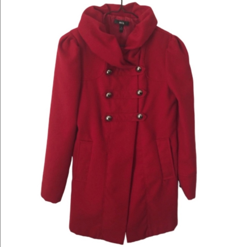 BCX women’s red pea coat unique collar lined Size small